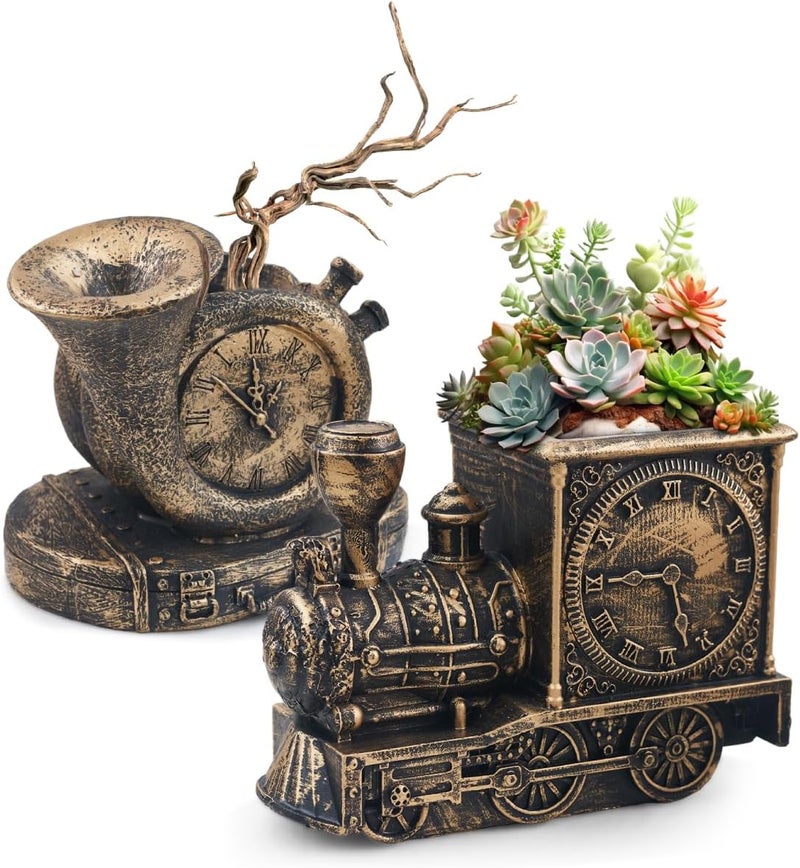 godealio Retro-Style Succulent Pots with Drainage, Indoor/Outdoor Planter, Nostalgic Cactus/Bonsai Garden Pots for Home Decoration and Office Desk Decoration, Vintage Artwork (2 Piece Set) (Bronze-Colored) - Image 1