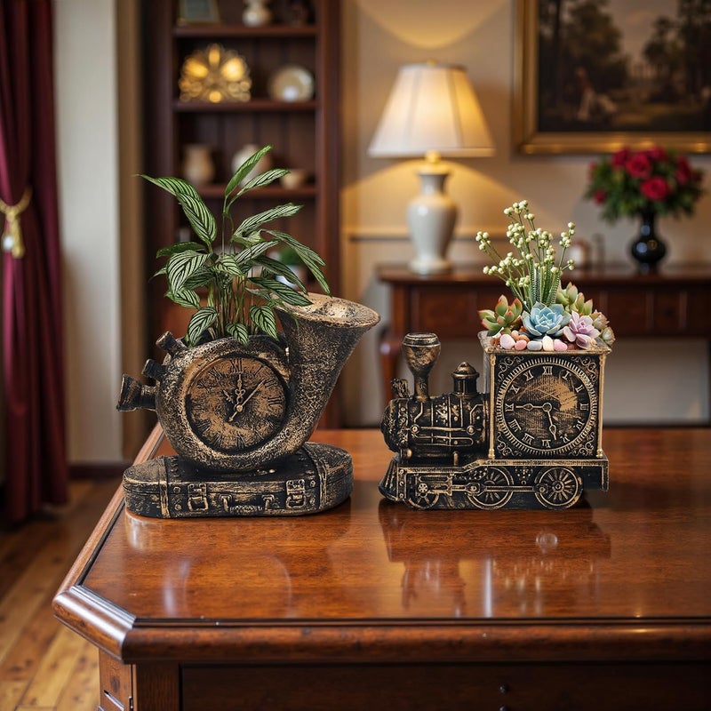 godealio Retro-Style Succulent Pots with Drainage, Indoor/Outdoor Planter, Nostalgic Cactus/Bonsai Garden Pots for Home Decoration and Office Desk Decoration, Vintage Artwork (2 Piece Set) (Bronze-Colored) - Image 2