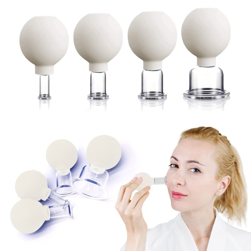 Vinban 4 PCS Glass Facial Cupping Set | Silicone Vacuum Suction | Cupping Massage Therapy | A Kit For Anti Cellulite, Anti Wrinkle and Instantly Ageless Skin | For Eyes, Face and Body(White) - Image 1
