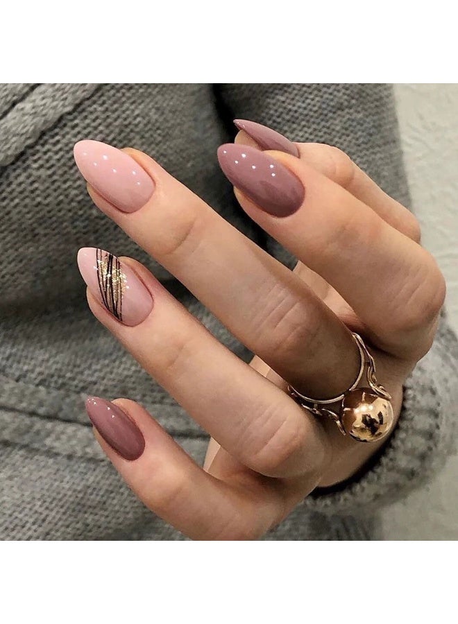 Goolsky Almond Shape Gold Line Lotus Root Pink Press-On Nails - Elegant Daily & Office Wear Fake Nails - Image 3