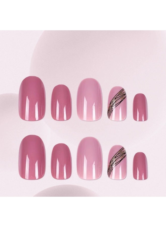 Goolsky Almond Shape Gold Line Lotus Root Pink Press-On Nails - Elegant Daily & Office Wear Fake Nails - Image 1