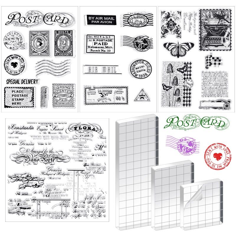 Yinder 7 Pcs Vintage Rubber Clear Stamps Set 4 Sheet Transparent Postage Silicone Stamps 3 Pcs Acrylic Stamp Block Tools with Grid Lines Rubber Craft Supplies for DIY Scrapbooking Journaling