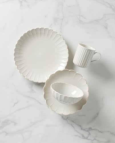 Lenox Dinnerware Set, French Perle Scallop 4-Piece Place Setting, Service For 1, Dinnerware Set, Stoneware, Includes Plates, Bowl, and Mug, Dishwasher And Microwave Safe, Dish Set (White, 4 Piece) - Image 2