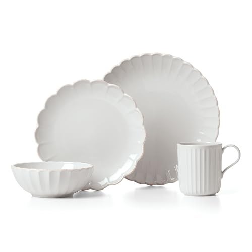 Lenox Dinnerware Set, French Perle Scallop 4-Piece Place Setting, Service For 1, Dinnerware Set, Stoneware, Includes Plates, Bowl, and Mug, Dishwasher And Microwave Safe, Dish Set (White, 4 Piece) - Image 1
