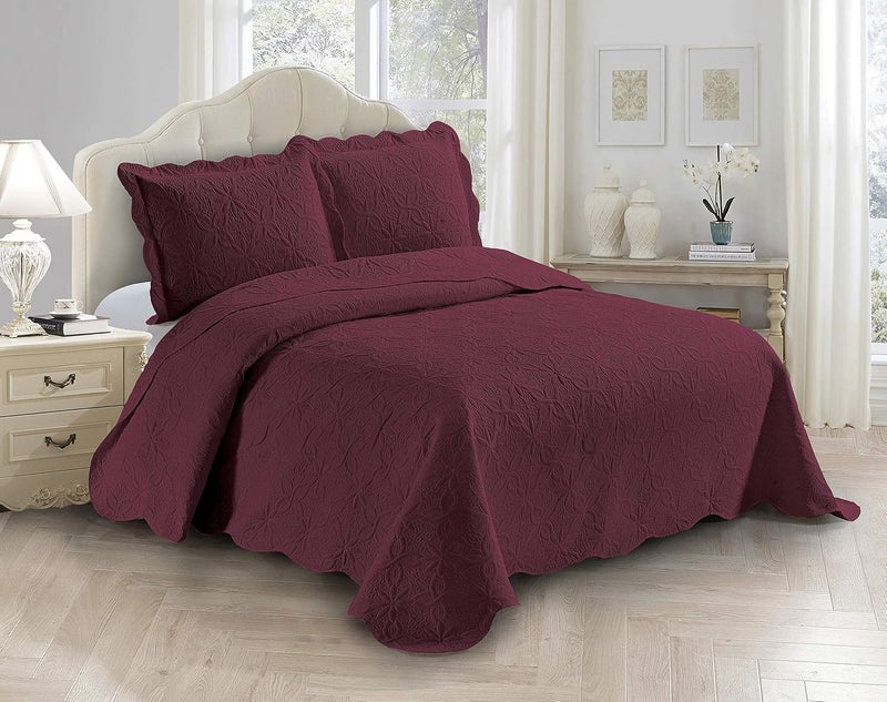 Fancy Linen 3pc Embossed Coverlet Bedspread Set Oversized Bed Cover Solid Floral Daisy Pattern New # Allis (Full/Queen, Burgundy) - Image 1