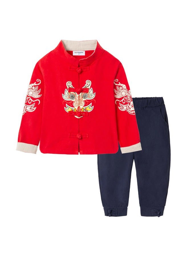 Mud Kingdom Little Boy Girls Outfits Tang Style Chinese New Year Suit Traditional Sets, Red, 3T - Image 1