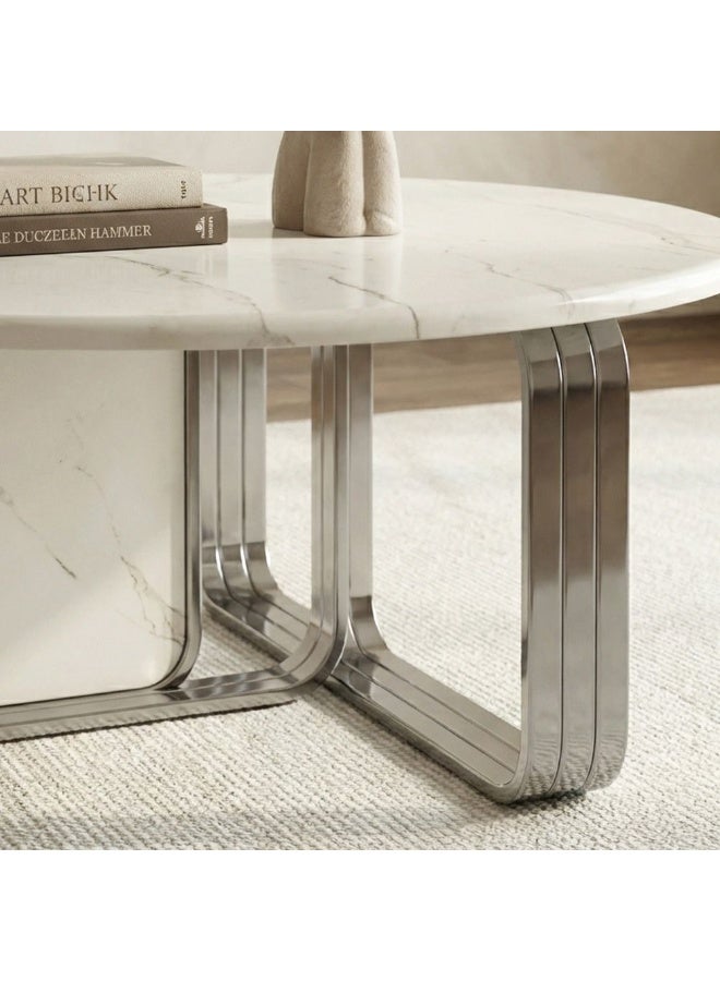 DANUBE HOME Retrova Round Coffee Table | Multifunctional Living Room Table | Space Saving Center Table | Modern Design Furniture For Living Room L100xW100xH38cm-White Grey/Gunmetal - Image 3