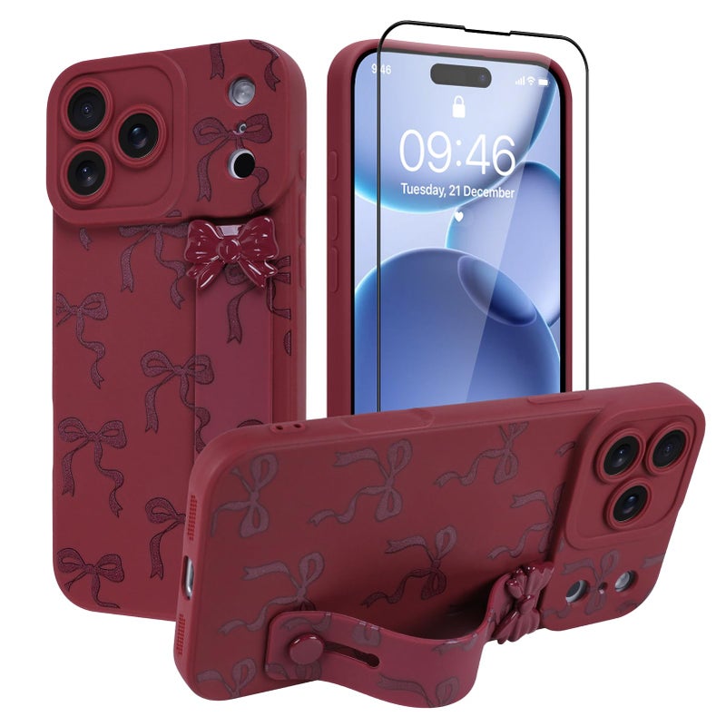OOK Case for iPhone 17 Pro Max Case with Screen Protector, Cute Bow Design with Adjustable Wristband Strap Kickstand Slim Soft TPU Rubber for Women Girls Phone Cover-Wine Red - Image 2
