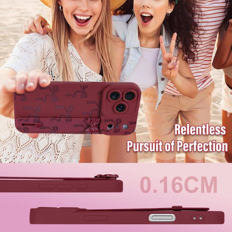 OOK Case for iPhone 17 Pro Max Case with Screen Protector, Cute Bow Design with Adjustable Wristband Strap Kickstand Slim Soft TPU Rubber for Women Girls Phone Cover-Wine Red - Image 5