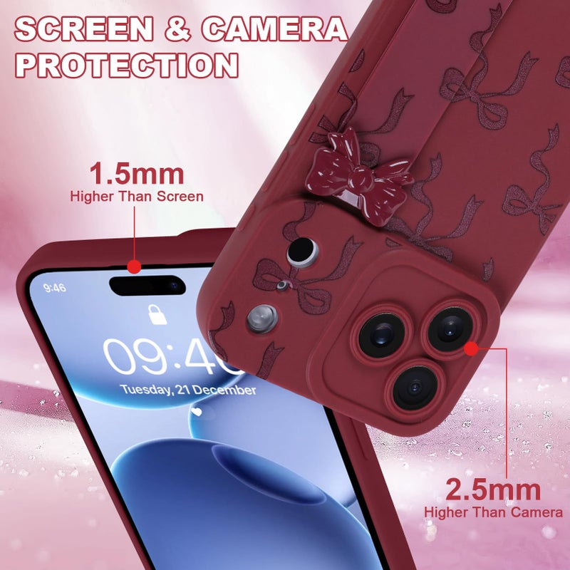 OOK Case for iPhone 17 Pro Max Case with Screen Protector, Cute Bow Design with Adjustable Wristband Strap Kickstand Slim Soft TPU Rubber for Women Girls Phone Cover-Wine Red - Image 4