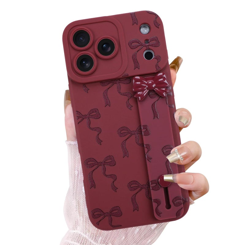 OOK Case for iPhone 17 Pro Max Case with Screen Protector, Cute Bow Design with Adjustable Wristband Strap Kickstand Slim Soft TPU Rubber for Women Girls Phone Cover-Wine Red - Image 1