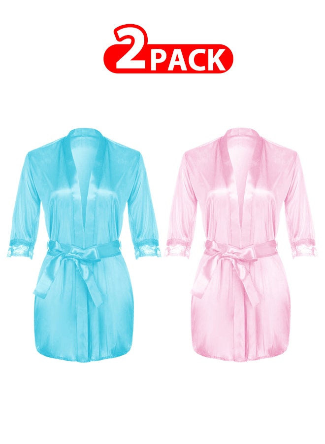 MARGOUN 2 Pack Satin Silk Pajamas Robe for Women Height 80cm Lace Short Sleeve Nightgown Underwear Lingerie Sleepwear Mini Nightdress Robe Free Size - Image 1