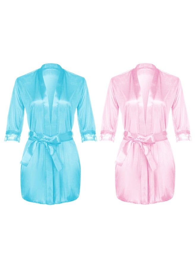 MARGOUN 2 Pack Satin Silk Pajamas Robe for Women Height 80cm Lace Short Sleeve Nightgown Underwear Lingerie Sleepwear Mini Nightdress Robe Free Size - Image 2