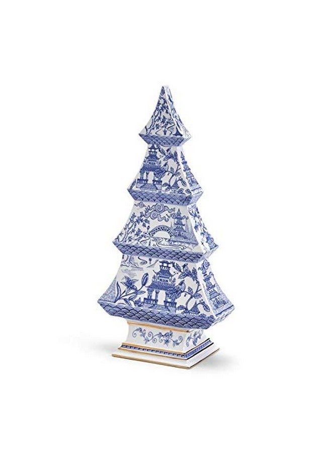 توز كومباني تمثال صغير من السيراميك الصيني باللونين الأزرق والأبيض لشجرة عيد الميلاد، مقاس 12 بوصة، ديكور داخلي على سطح الطاولة - Image 1