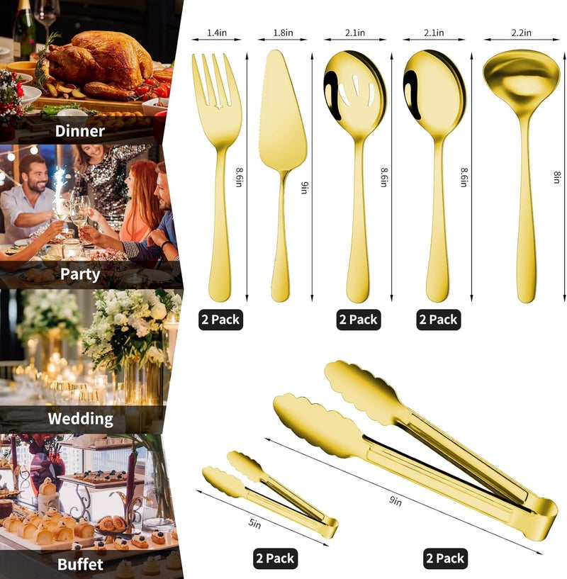Gisly Gold 12 Pieces Serving Utensils Include Large Serving Spoons,Slotted Serving Spoons,Serving Forks,Serving Tongs,Appetizers Tongs,Soup Ladle and Pie Cake Server for Buffet Catering - Image 2