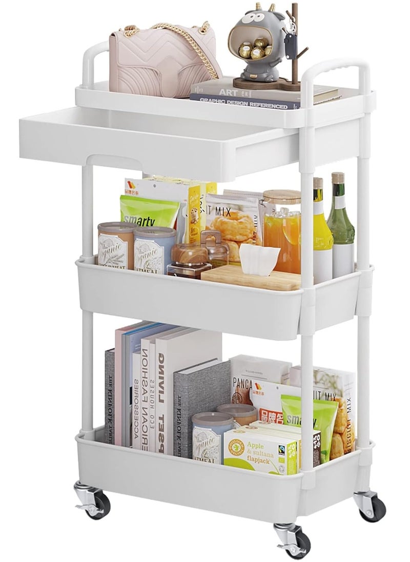 3-Tier Rolling Utility Cart with Drawer,Multifunctional Storage Organizer with Plastic Shelf & Metal Wheels,Storage Cart for Kitchen,Bathroom,Living Room,Office,White - pzsku/Z23131DD29CBB026E7F58Z/45/_/1709712788/b5de9188-9428-4e54-801d-c4498dd0118a