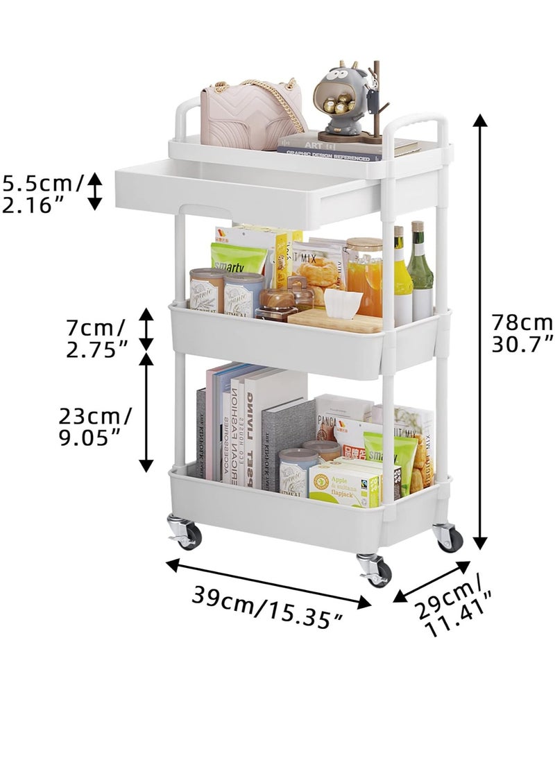 3-Tier Rolling Utility Cart with Drawer,Multifunctional Storage Organizer with Plastic Shelf & Metal Wheels,Storage Cart for Kitchen,Bathroom,Living Room,Office,White - pzsku/Z23131DD29CBB026E7F58Z/45/_/1721375979/4fafeae8-3c41-470d-bf16-2b36b4c258f5