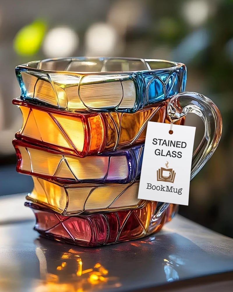 FREEZE2TRIM Chapter Book Mug Glass 3D Book Mugs Birthday Gift For Women Stained Glass Cups with Stack Design, Artistic Reading Coffee Cup, Unique Literary Friendship Gifts for Women, Friends & Readers, 7oz - Image 1