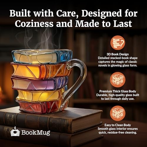 FREEZE2TRIM Chapter Book Mug Glass 3D Book Mugs Birthday Gift For Women Stained Glass Cups with Stack Design, Artistic Reading Coffee Cup, Unique Literary Friendship Gifts for Women, Friends & Readers, 7oz - Image 5