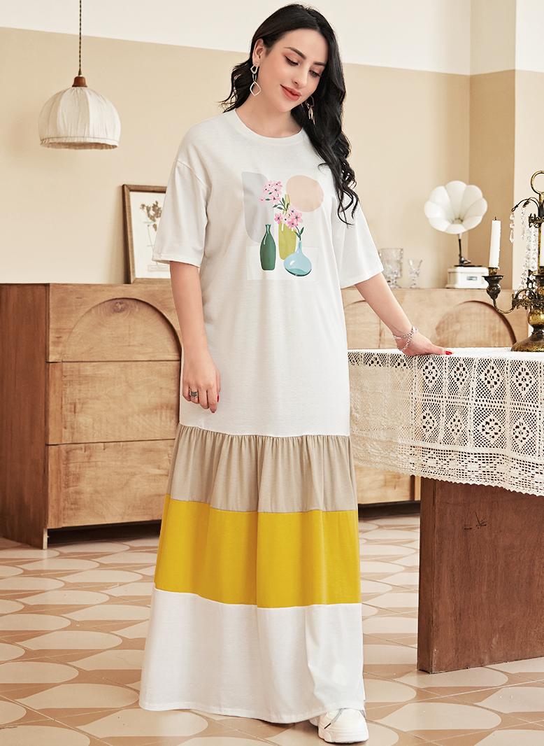 فرايديين لطيف دائري طباعة الربط كم منتظم فساتين طويلة اصفر - Image 5