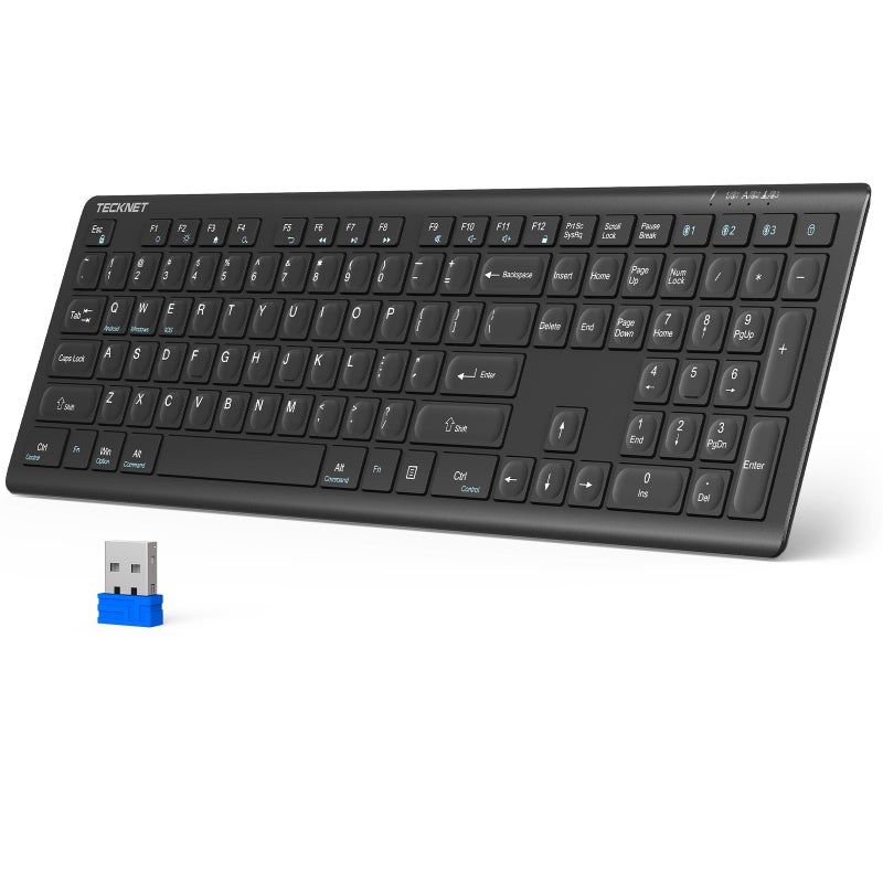 TECKNET Bluetooth Keyboard Rechargeable, 4-Device (2.4G+BT) Wireless Keyboard, Full Size Computer Keyboard with Stand, Ultra-Slim Quiet Typing, for PC/Laptop/Smart TV/Phone/Tablet, 12 Hotkeys - Image 1