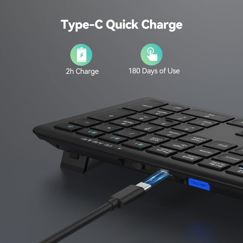 TECKNET Bluetooth Keyboard Rechargeable, 4-Device (2.4G+BT) Wireless Keyboard, Full Size Computer Keyboard with Stand, Ultra-Slim Quiet Typing, for PC/Laptop/Smart TV/Phone/Tablet, 12 Hotkeys - Image 3