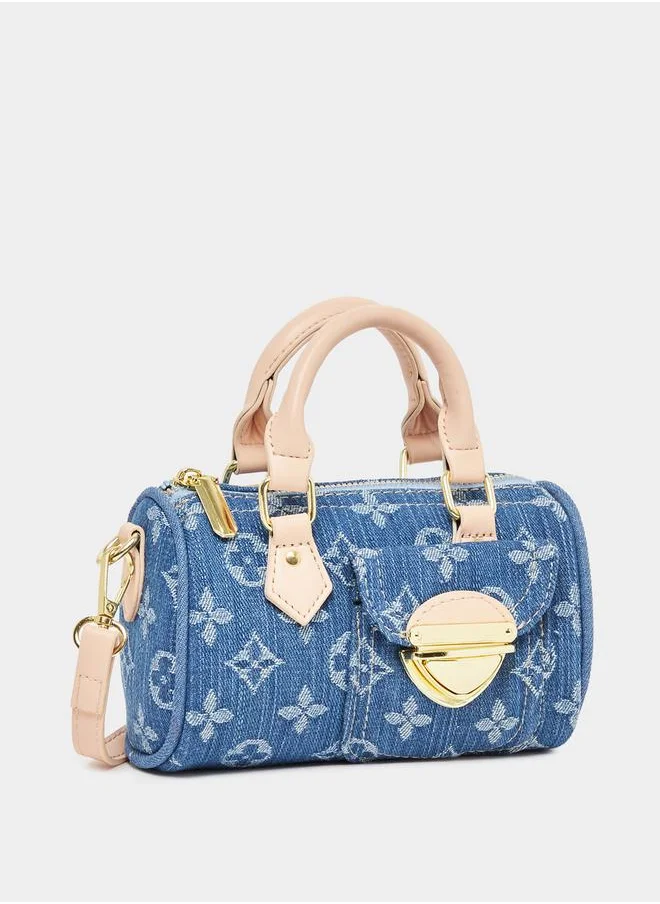 Styli Monogram Print Denim Handbag With Top Handles