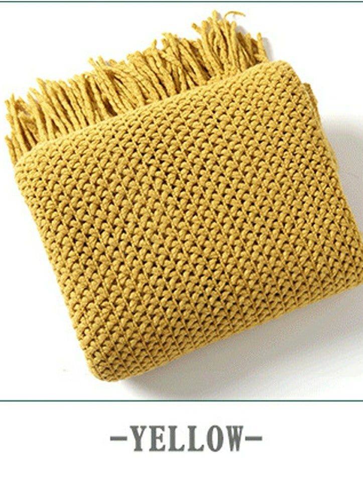 Loquat - Solid Color Tassel Design Knitted Soft Throw Blanket Yellow - Image 1