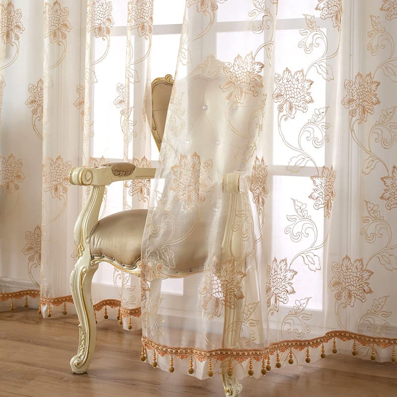 ELKCA ELKCA Floral Embroidered Sheer Curtains with Beads for Bedroom Window Tulle Curtain for Living Room52inchX96inchGrommet Top2 Panels