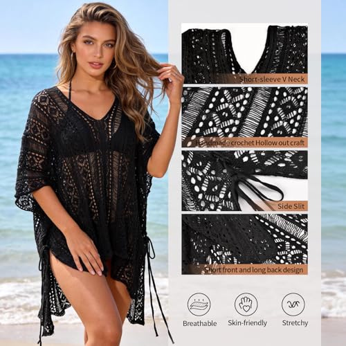 FeelfunFeather Bathing Suit Cover Up for Women,V-Neck Summer Crochet Swimsuit Coverups Loose Swimwear Beach Dress for Pool Sea Party,Black - Image 2