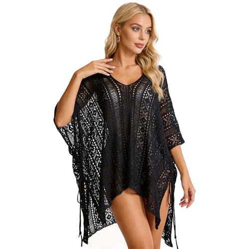 FeelfunFeather Bathing Suit Cover Up for Women,V-Neck Summer Crochet Swimsuit Coverups Loose Swimwear Beach Dress for Pool Sea Party,Black - Image 1