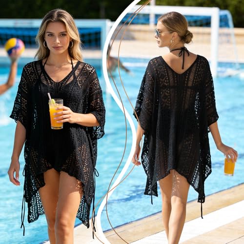 FeelfunFeather Bathing Suit Cover Up for Women,V-Neck Summer Crochet Swimsuit Coverups Loose Swimwear Beach Dress for Pool Sea Party,Black - Image 4