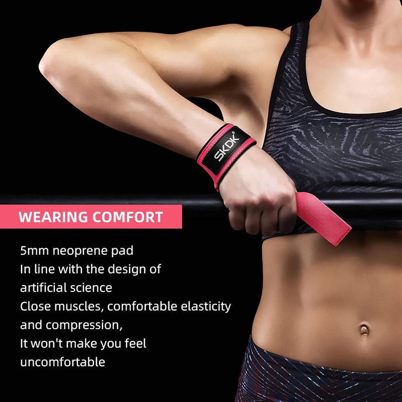SKDK Lifting Straps Deadlift Gym Wrist Straps Weightlifting with Neoprene Cushioned Wrist Padded and Anti-Skid Silicone - for Weightlifting, Bodybuilding - Red - Image 4