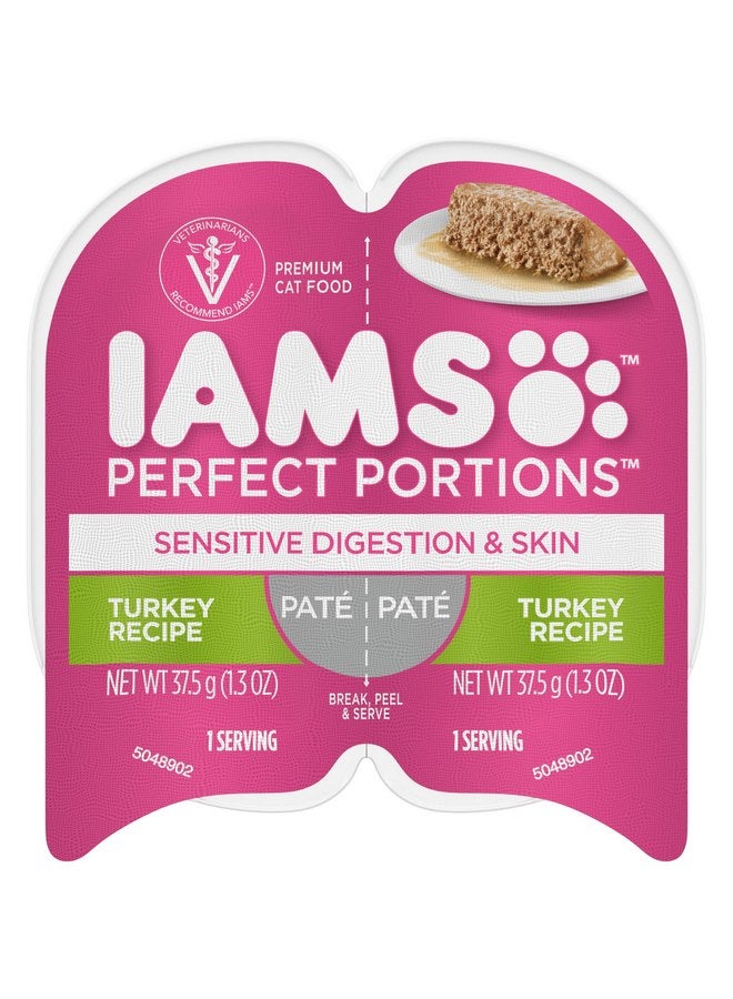 Iams Perfect Portions Sensitive Digestion & Skin Adult Wet Cat Food Paté, Turkey Recipe, 2.6 oz. Easy Peel Twin-Pack Trays (24 Count, 48 Servings) - Image 1