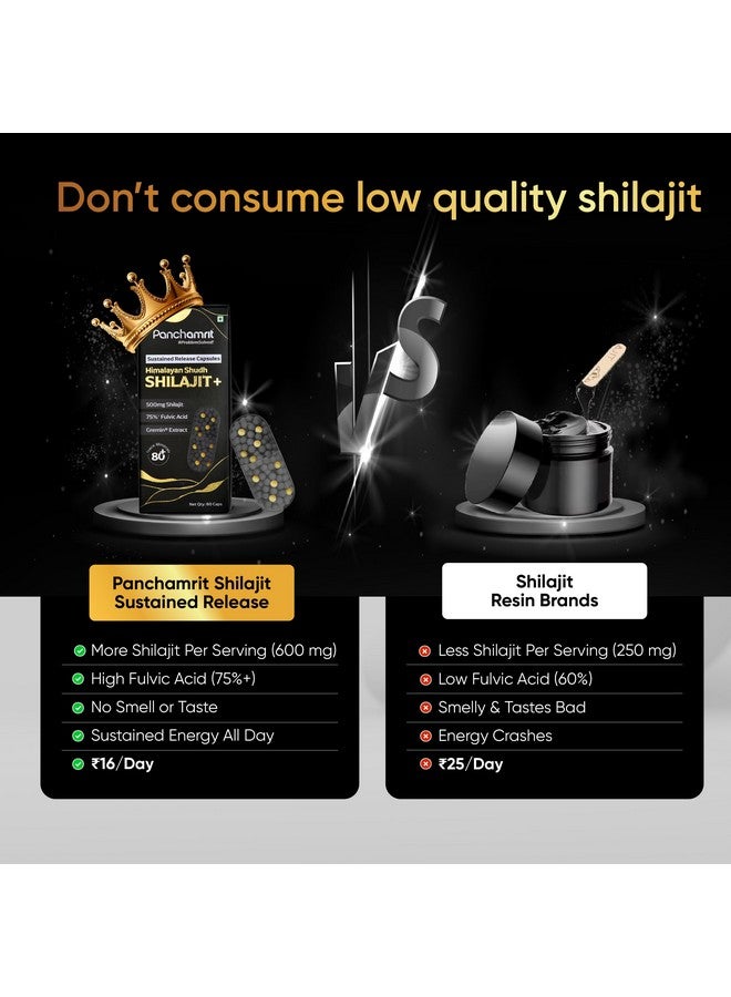 Panchamrit كبسولات بانشامريت هيمالايا شيلجيت للإفراج المستمر 500 ملغ مع جرمين®، 75% حمض فلفيك، 2.5x أكثر شيلجيت، 80+ معادن نادرة | شيلجيت للرجال | يعزز الطاقة، التحمل، التستوستيرون | 60 كبسولة - Image 3