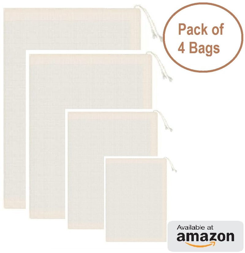 WUD 4 PCs Muslin Cheese Cloth Bags for Kitchen Unbleached Reusable Cotton Bags for Straining Juice Spice Bag Paneer Hung Curd Cheese Sprouting Beans - Image 2