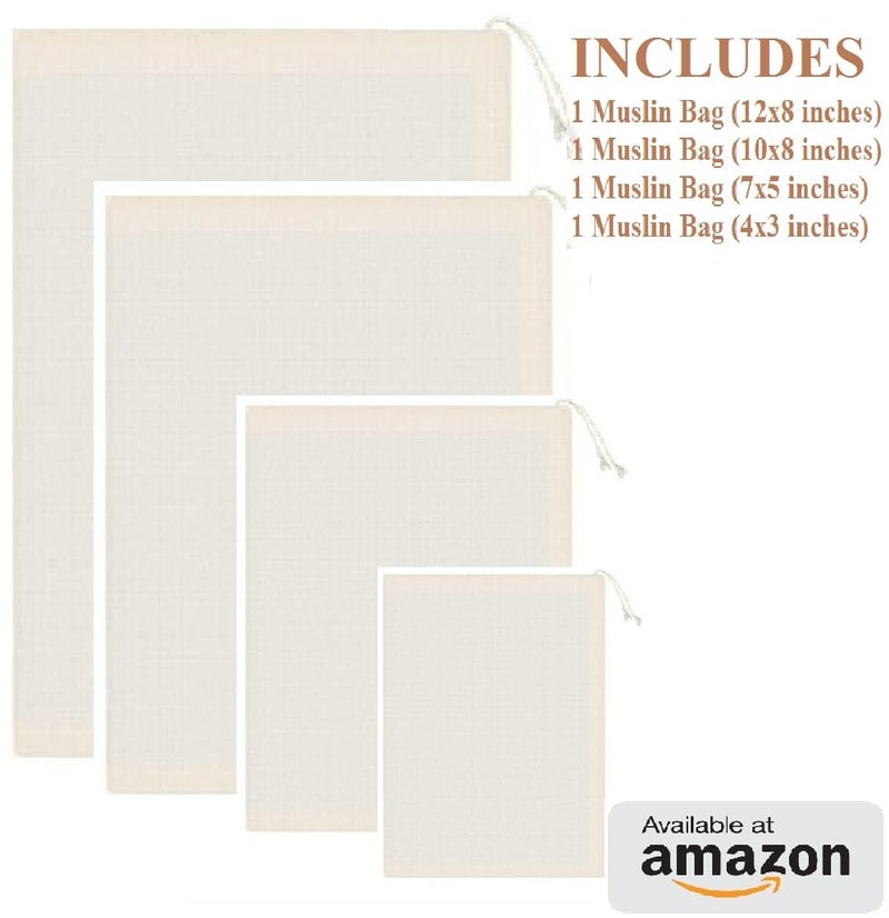 WUD 4 PCs Muslin Cheese Cloth Bags for Kitchen Unbleached Reusable Cotton Bags for Straining Juice Spice Bag Paneer Hung Curd Cheese Sprouting Beans - Image 3