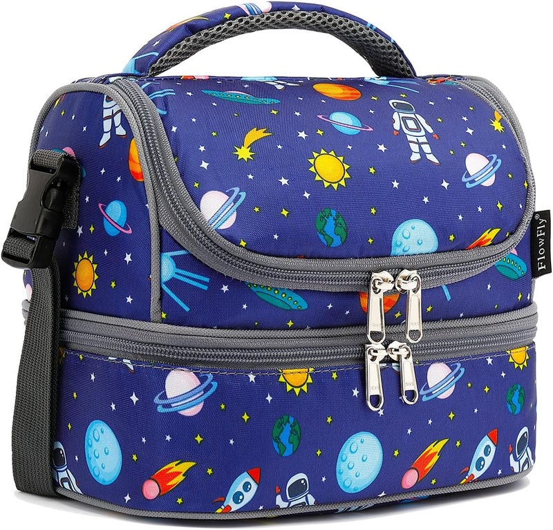 FlowFly Kids Double Decker Cooler Insulated Lunch Bag Large Tote for Boys, Girls, Men, Women, With Adjustable Strap, Astronaut - Image 1