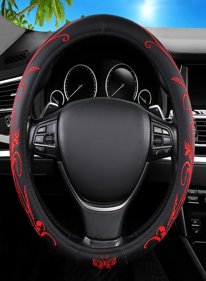FBLOWMOD Car Leather Steering Wheel Cover - Panapi Material, Universal 14.5-15 Inch Leather Anti-Slip Breathable Auto Steering Wheel Covers for Men Women (Embroidery-Red) - Image 1