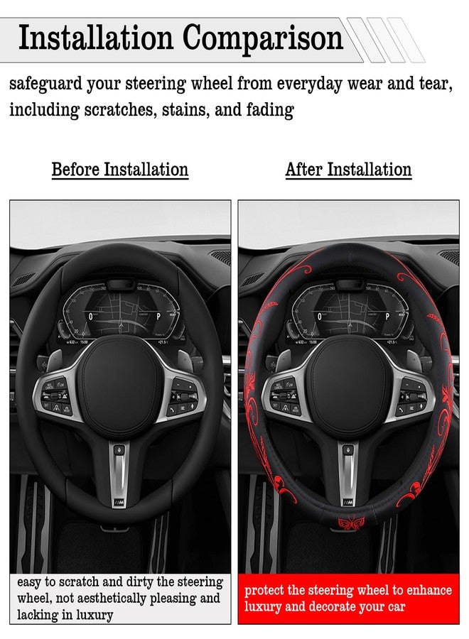 FBLOWMOD Car Leather Steering Wheel Cover - Panapi Material, Universal 14.5-15 Inch Leather Anti-Slip Breathable Auto Steering Wheel Covers for Men Women (Embroidery-Red) - Image 4