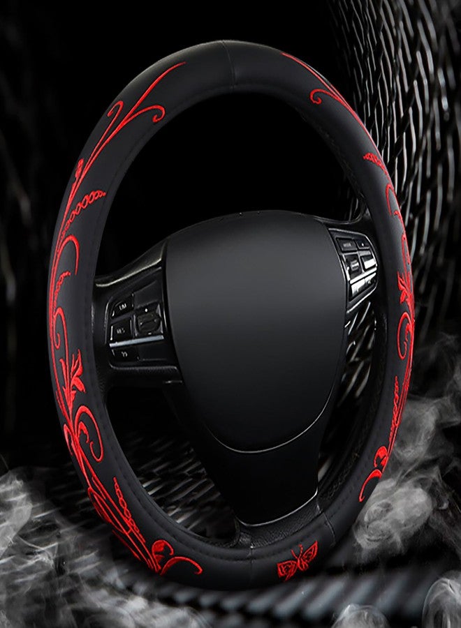 FBLOWMOD Car Leather Steering Wheel Cover - Panapi Material, Universal 14.5-15 Inch Leather Anti-Slip Breathable Auto Steering Wheel Covers for Men Women (Embroidery-Red) - Image 2