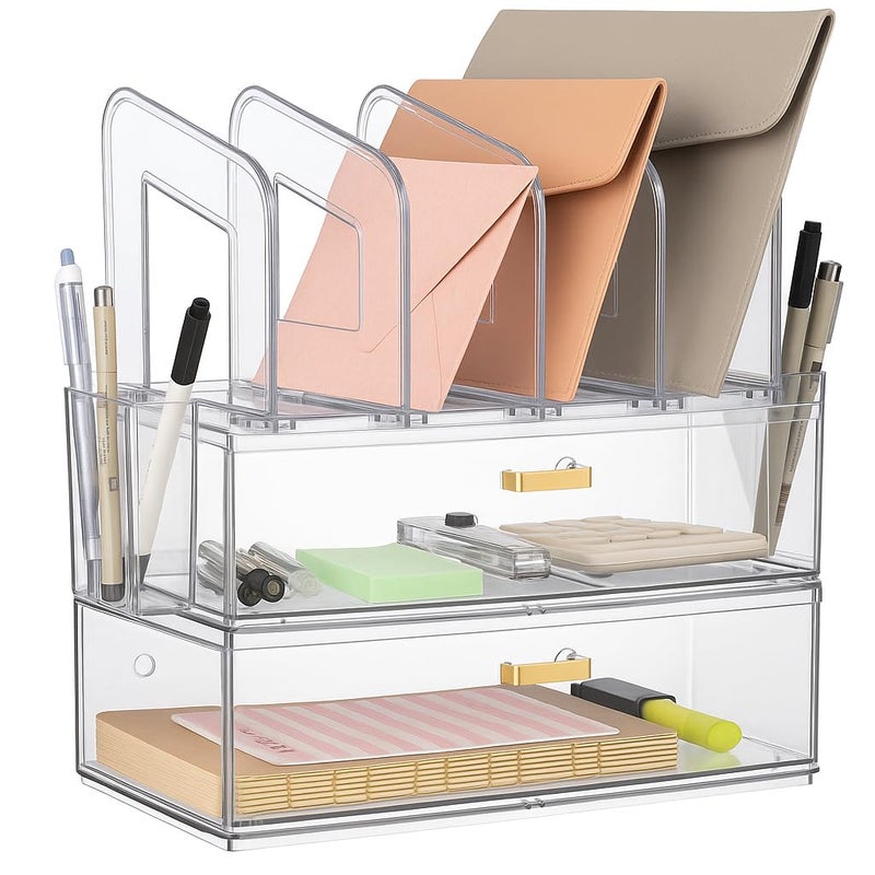 LALOBLUE Acrylic Desk Organizer with Drawer, Office Supplies,Organization Storage, 2 PC Drawer Organizer with 4 File Sorter, Desk Organizers and Accessories, Clear Acrylic File Organizer - Image 1