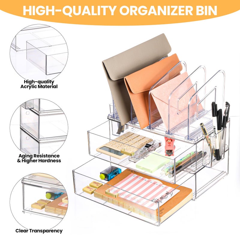 LALOBLUE Acrylic Desk Organizer with Drawer, Office Supplies,Organization Storage, 2 PC Drawer Organizer with 4 File Sorter, Desk Organizers and Accessories, Clear Acrylic File Organizer - Image 5