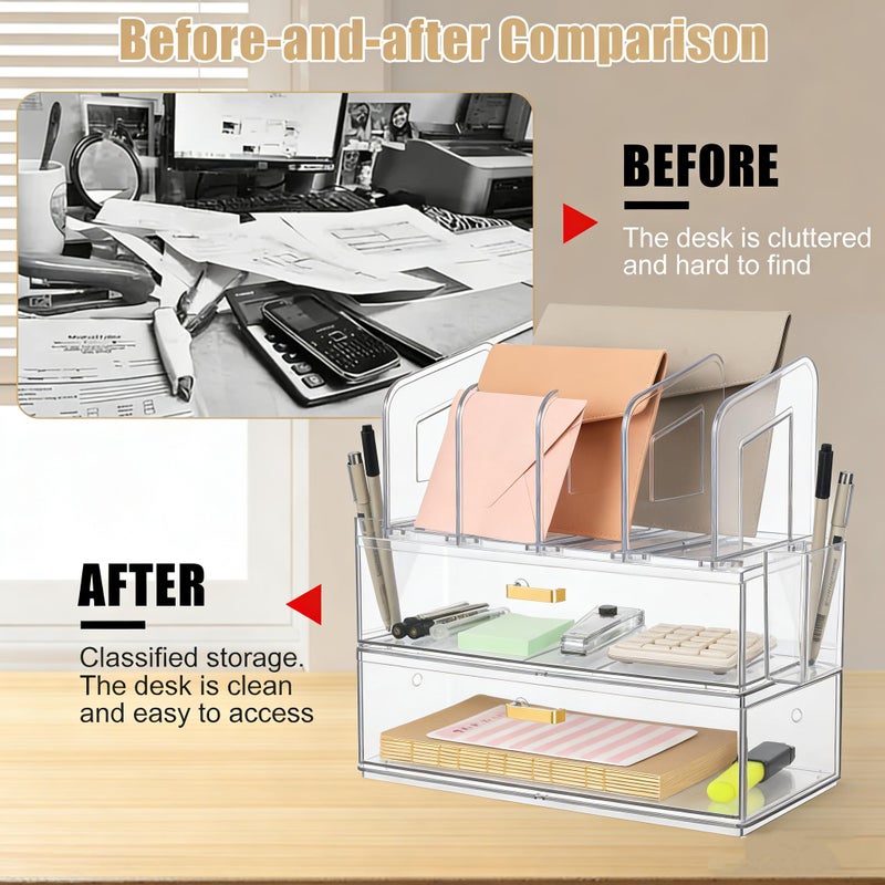 LALOBLUE Acrylic Desk Organizer with Drawer, Office Supplies,Organization Storage, 2 PC Drawer Organizer with 4 File Sorter, Desk Organizers and Accessories, Clear Acrylic File Organizer - Image 4