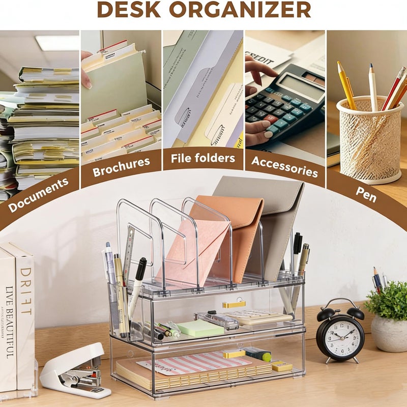 LALOBLUE Acrylic Desk Organizer with Drawer, Office Supplies,Organization Storage, 2 PC Drawer Organizer with 4 File Sorter, Desk Organizers and Accessories, Clear Acrylic File Organizer - Image 3