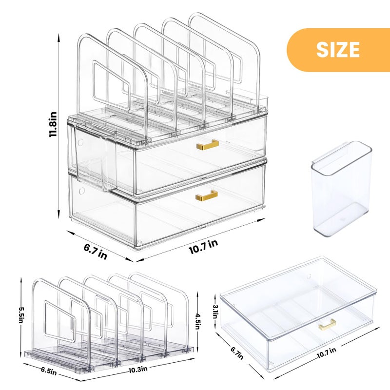 LALOBLUE Acrylic Desk Organizer with Drawer, Office Supplies,Organization Storage, 2 PC Drawer Organizer with 4 File Sorter, Desk Organizers and Accessories, Clear Acrylic File Organizer - Image 2