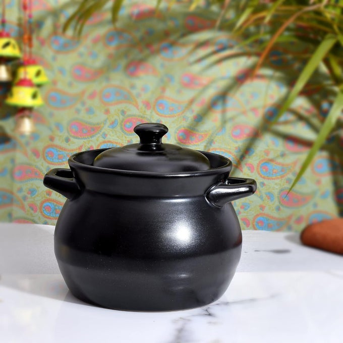 E EZRA BLACK CERAMIC COOKING POT WITH LID EARTHEN COOKING POT STOVE PROOF NONSTICK 2500ML