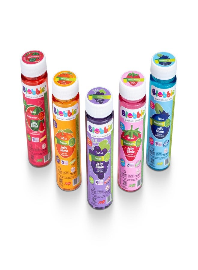 Blobbie® Fruit Jelly Slime Set of 5| Strawberry Blueberry Grape Watermelon Orange | 165 ml x 5 = 825 ml |Fruity Fragrances | With Tiny Fruit Slices |100% Non-Sticky | 100% Non-Toxic | For Age 4+ years - Image 2