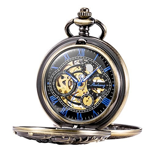 TREEWETO Mens Antique Mechanical Pocket Watch Dream Dragon Skeleton Bronze Tone with Double Covers Gift for Man - Image 1