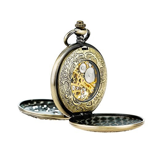 TREEWETO Mens Antique Mechanical Pocket Watch Dream Dragon Skeleton Bronze Tone with Double Covers Gift for Man - Image 5